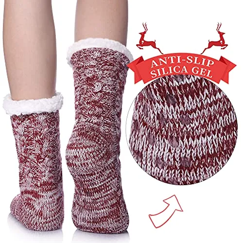 SDBING Women's Winter Super Soft Warm Cozy Fuzzy Fleece-Lined with Grippers Slipper Socks (Wine Red AB)