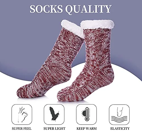 SDBING Women's Winter Super Soft Warm Cozy Fuzzy Fleece-Lined with Grippers Slipper Socks (Wine Red AB)