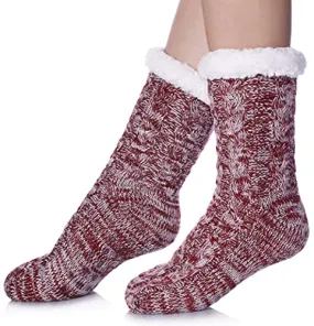 SDBING Women's Winter Super Soft Warm Cozy Fuzzy Fleece-Lined with Grippers Slipper Socks (Wine Red AB)