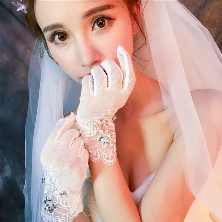 Short Finger Rhinestone Wedding Gloves, Women Bridal Gloves, TYP0637