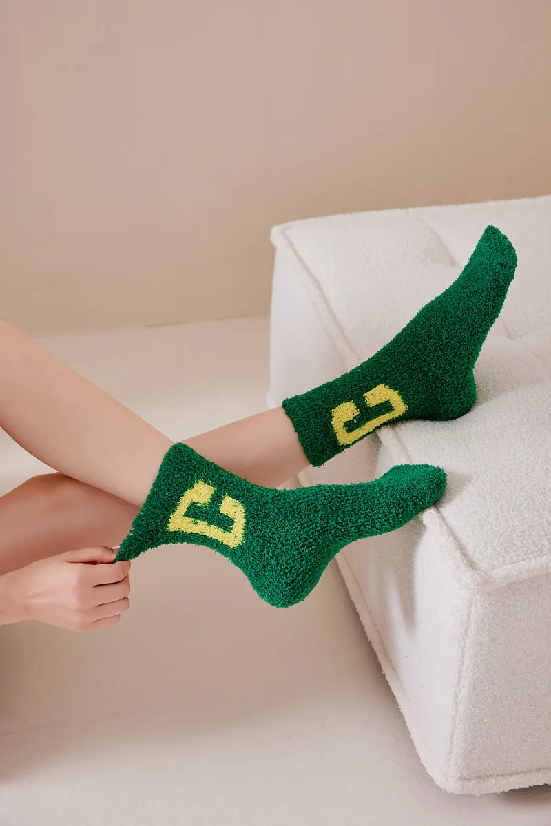 Super Cozy Women's Coral Fleece Socks With Sherpa Lining And Letter Embroidery Holiday Socks