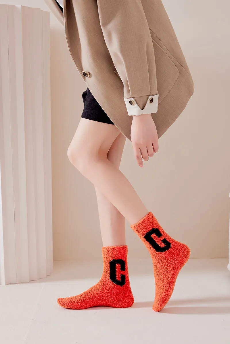 Super Cozy Women's Coral Fleece Socks With Sherpa Lining And Letter Embroidery Holiday Socks