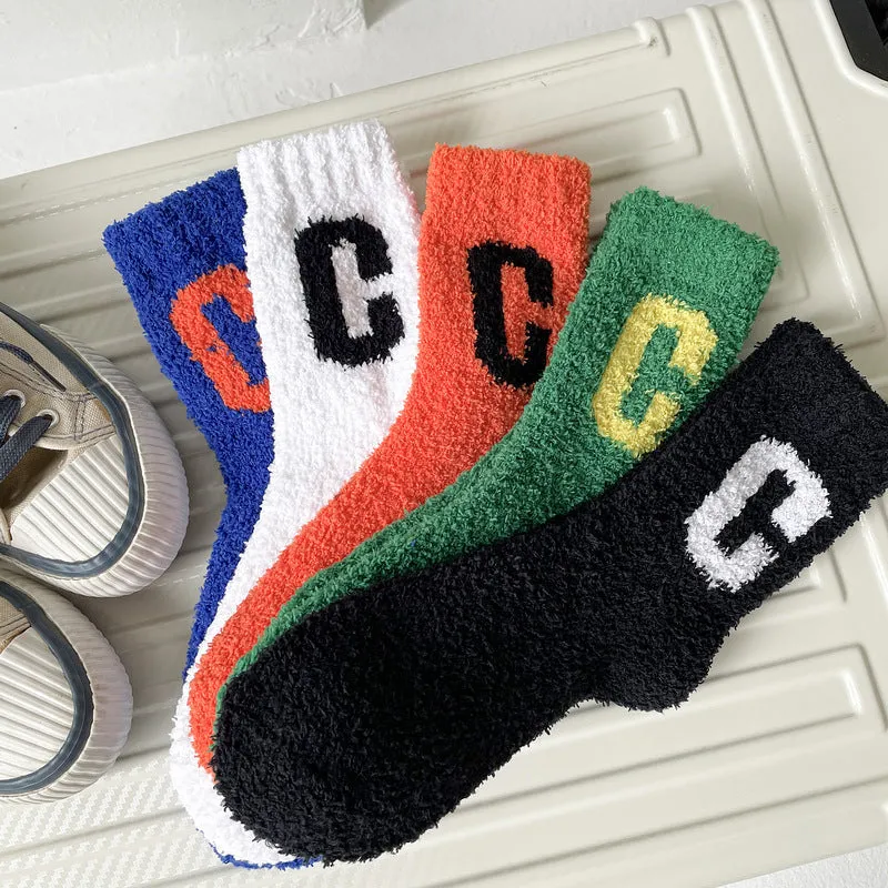 Super Cozy Women's Coral Fleece Socks With Sherpa Lining And Letter Embroidery Holiday Socks