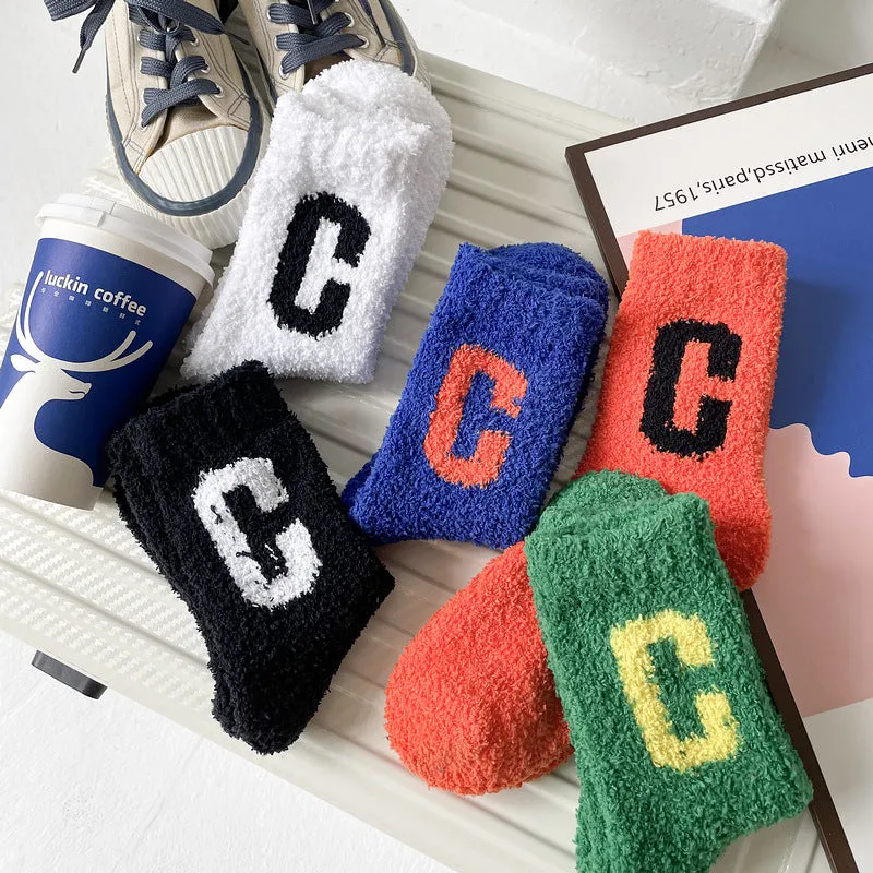 Super Cozy Women's Coral Fleece Socks With Sherpa Lining And Letter Embroidery Holiday Socks