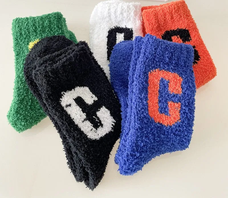 Super Cozy Women's Coral Fleece Socks With Sherpa Lining And Letter Embroidery Holiday Socks