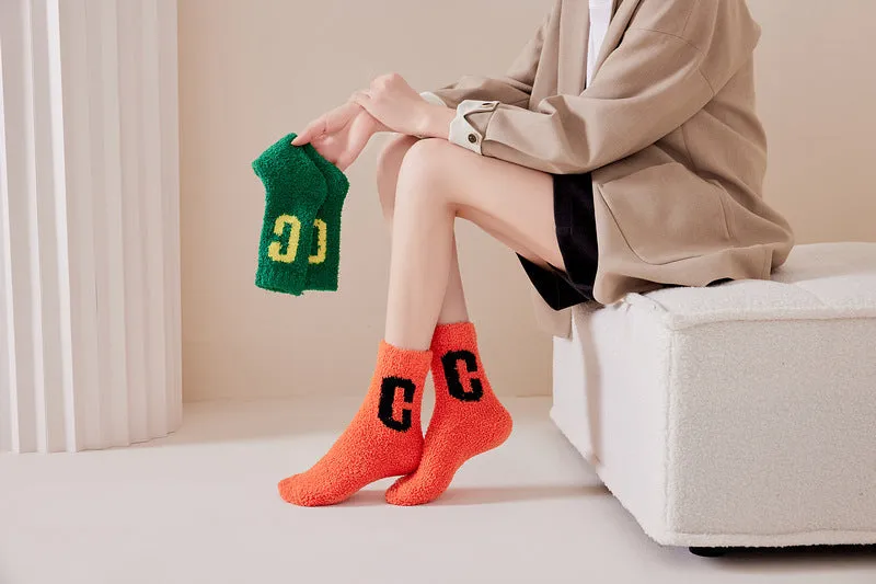 Super Cozy Women's Coral Fleece Socks With Sherpa Lining And Letter Embroidery Holiday Socks