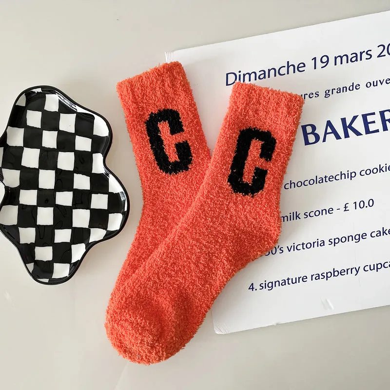 Super Cozy Women's Coral Fleece Socks With Sherpa Lining And Letter Embroidery Holiday Socks