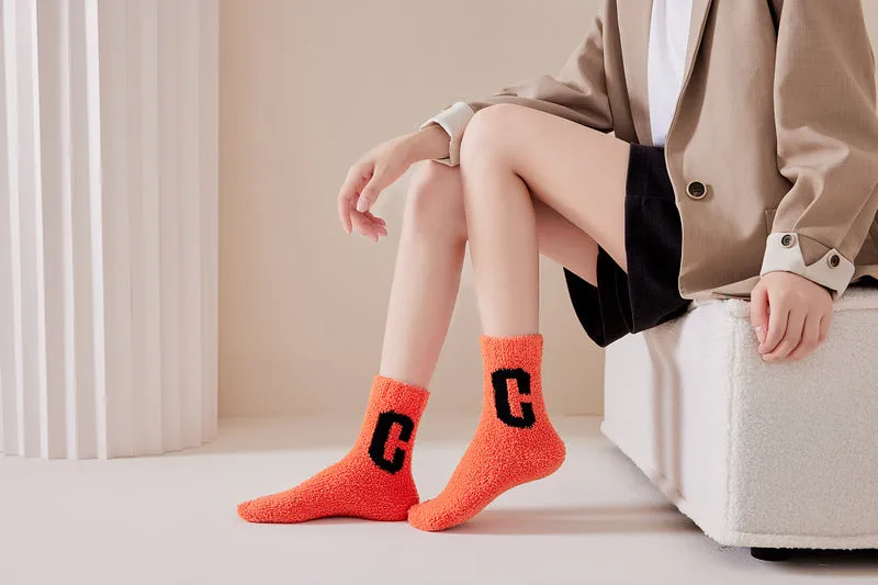 Super Cozy Women's Coral Fleece Socks With Sherpa Lining And Letter Embroidery Holiday Socks