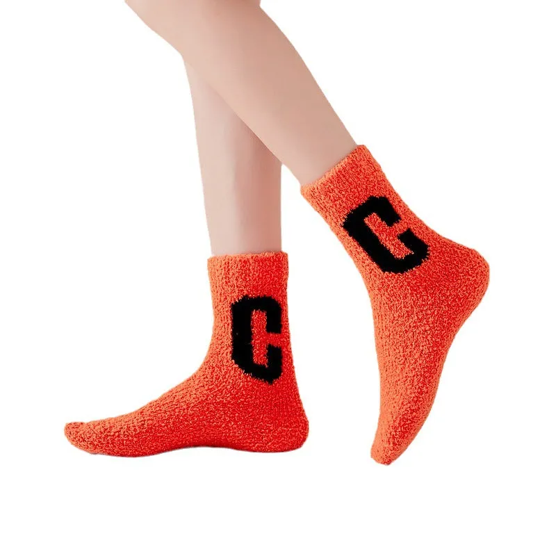 Super Cozy Women's Coral Fleece Socks With Sherpa Lining And Letter Embroidery Holiday Socks