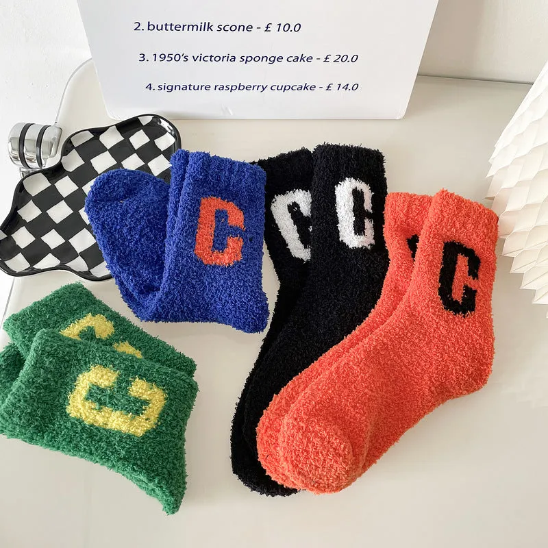 Super Cozy Women's Coral Fleece Socks With Sherpa Lining And Letter Embroidery Holiday Socks