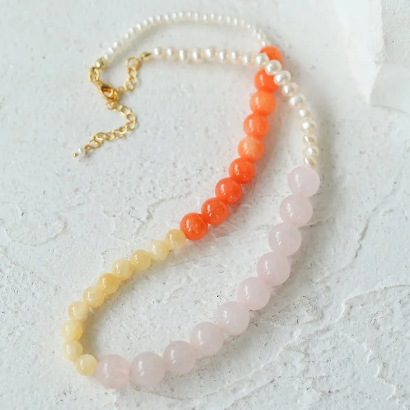 Vibrant Multicolored Gemstone and Pearl Beaded Necklace-Orange Pink Necklace