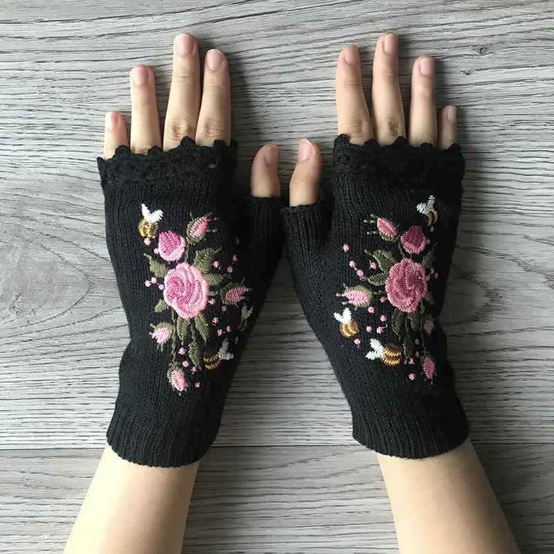 Women's Flower Embroidered Half Finger Knit Gloves