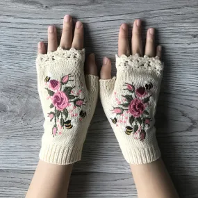 Women's Flower Embroidered Half Finger Knit Gloves