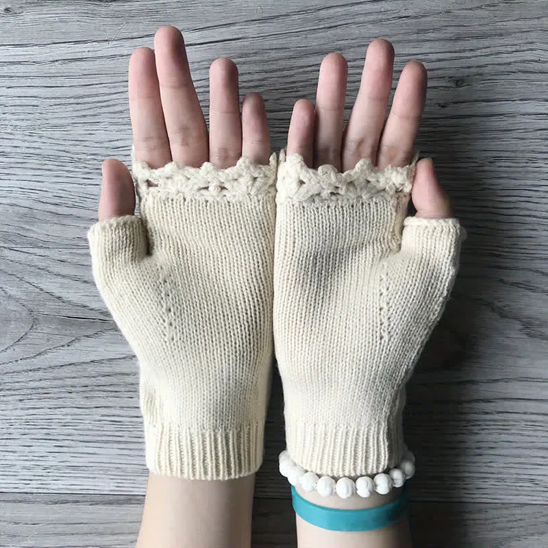 Women's Flower Embroidered Half Finger Knit Gloves