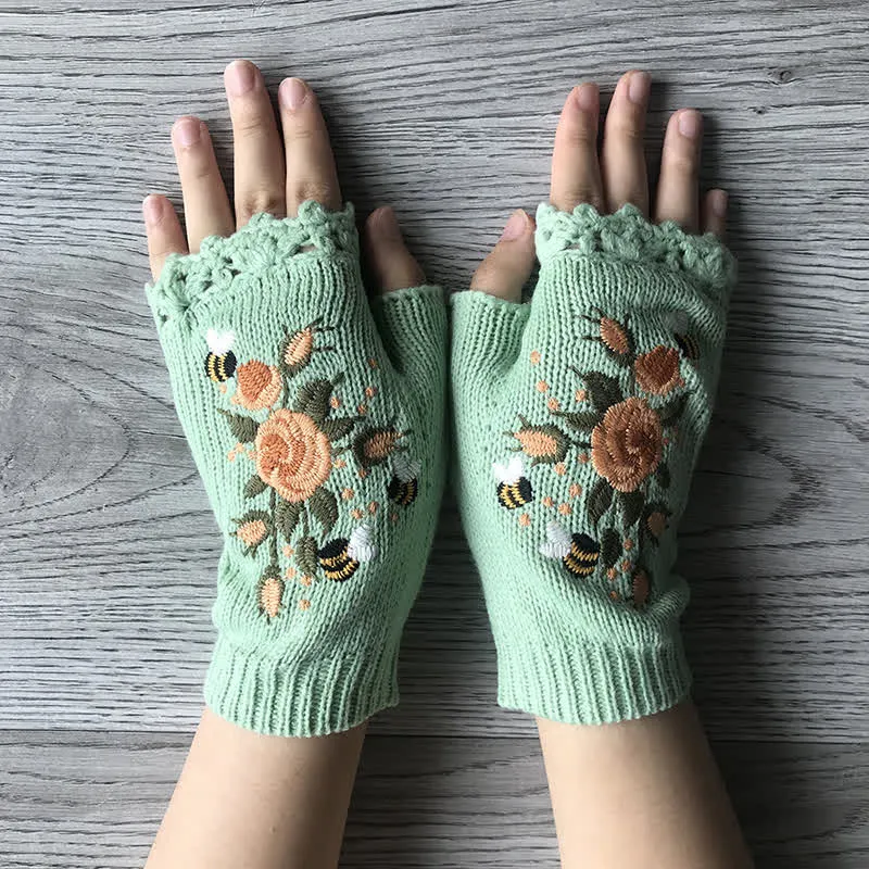 Women's Flower Embroidered Half Finger Knit Gloves