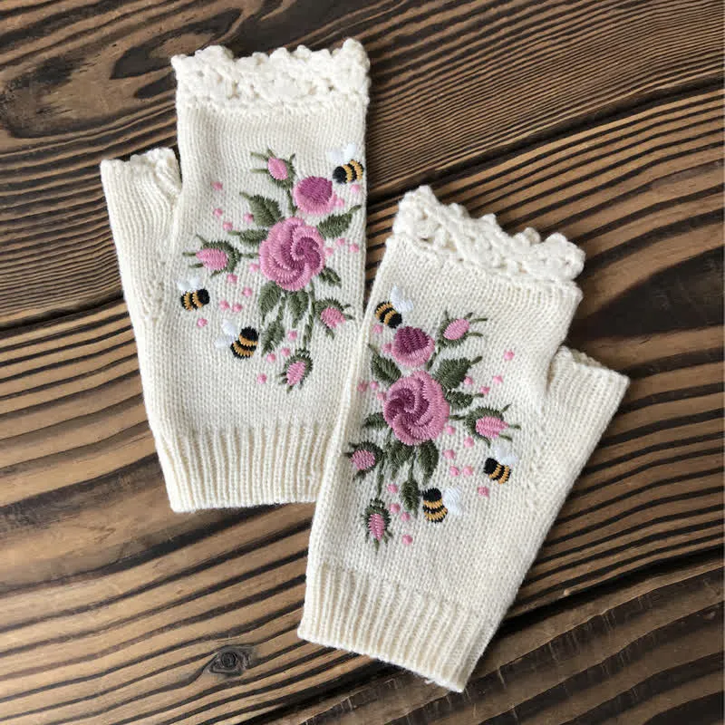 Women's Flower Embroidered Half Finger Knit Gloves